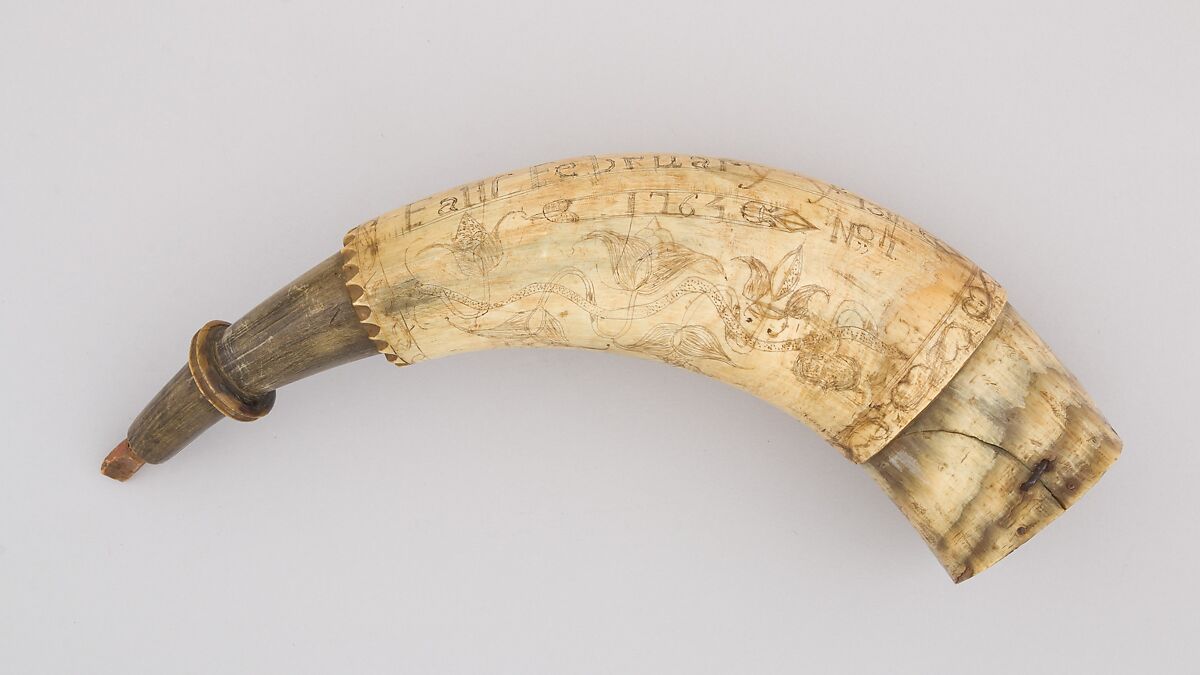 Powder Horn, Joseph Cram, Horn (cow), wood, Colonial American, Hampton Falls, New Hampshire