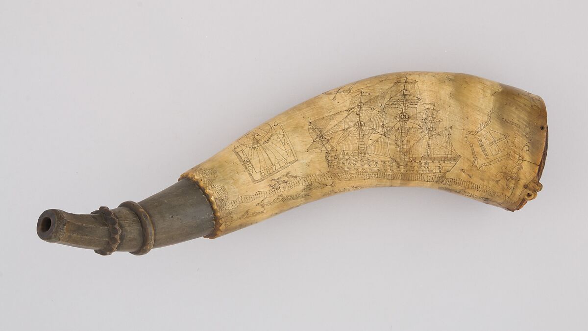 Powder Horn, Horn (cow), wood, Colonial American, Roxbury, Massachussets