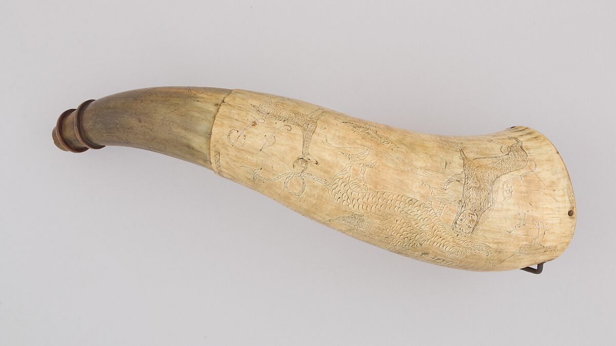 Powder Horn, Horn (cow), wood, Colonial American, Ticonderoga, New York
