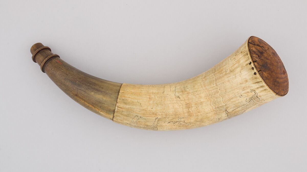 Powder Horn, Horn (cow), wood, Colonial American, Ticonderoga, New York 