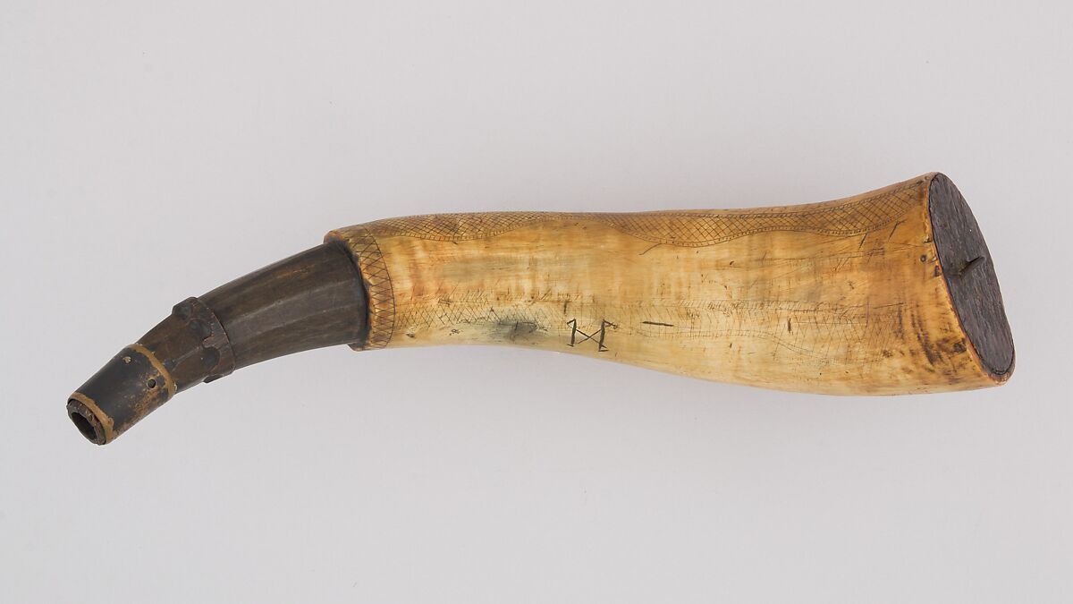 Powder Horn, Horn (cow), wood, brass, Colonial American