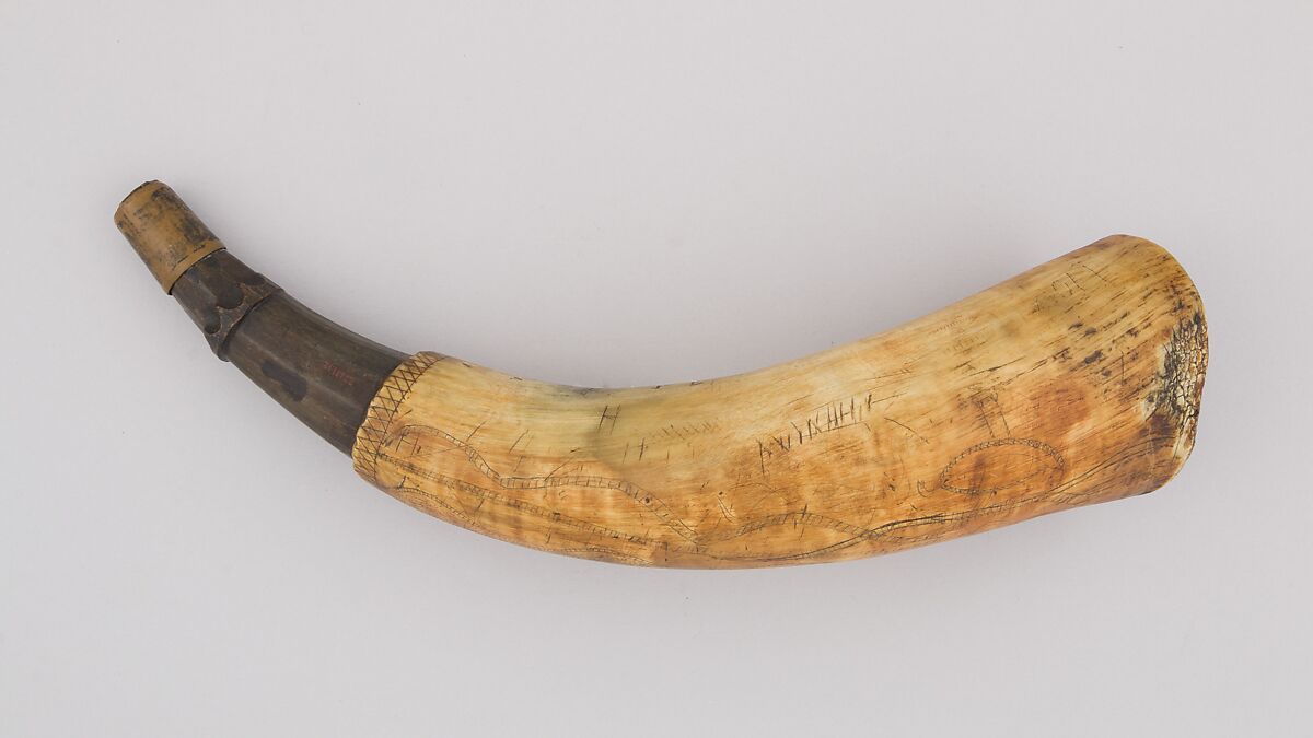 Powder Horn, Horn (cow), wood, brass, Colonial American