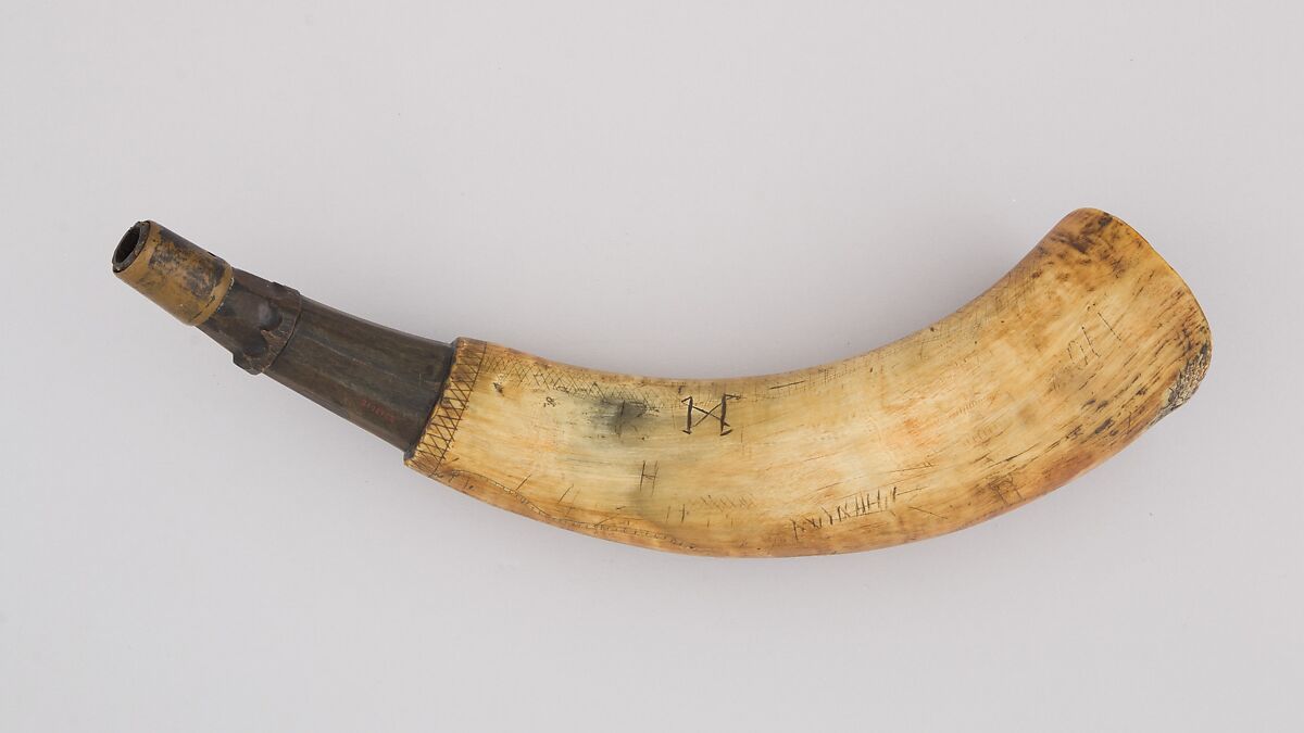 Powder Horn, Horn (cow), wood, brass, Colonial American 