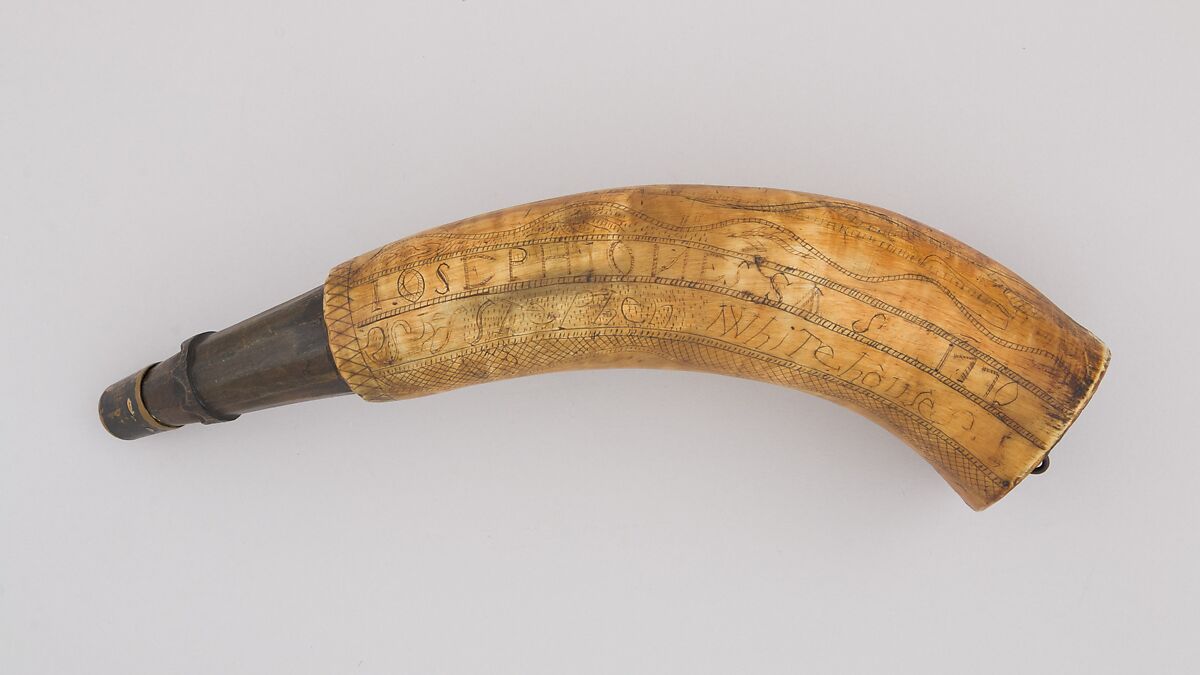 Powder Horn, Horn (cow), wood, brass, Colonial American