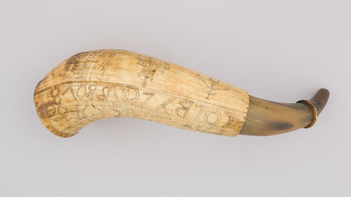Powder Horn, Horn (cow), wood, leather, Colonial American
