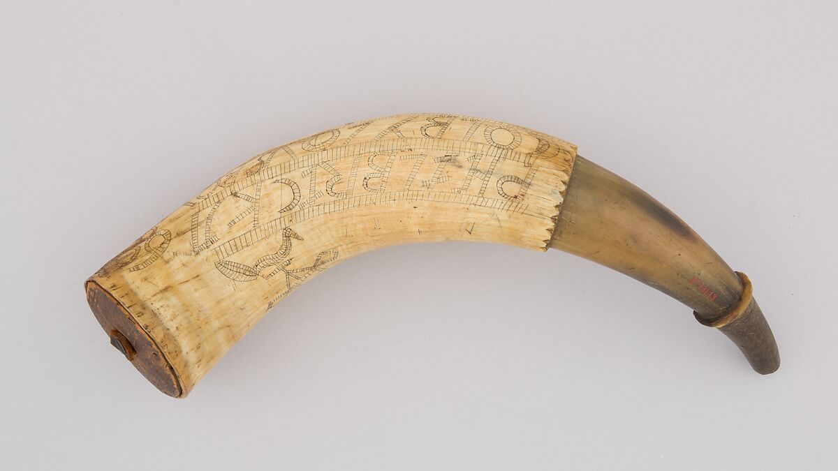 Powder Horn, Horn (cow), wood, leather, Colonial American