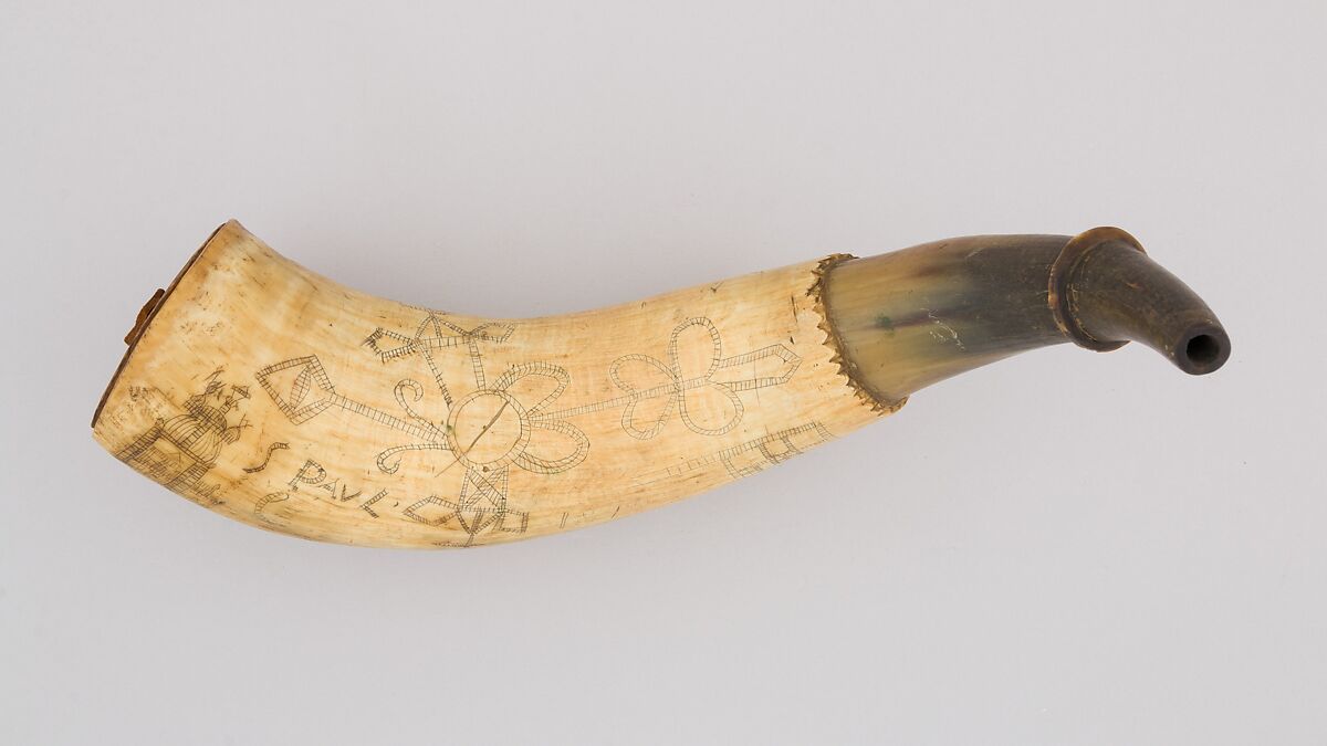 Powder Horn, Horn (cow), wood, leather, Colonial American