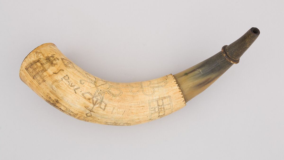 Powder Horn, Horn (cow), wood, leather, Colonial American 