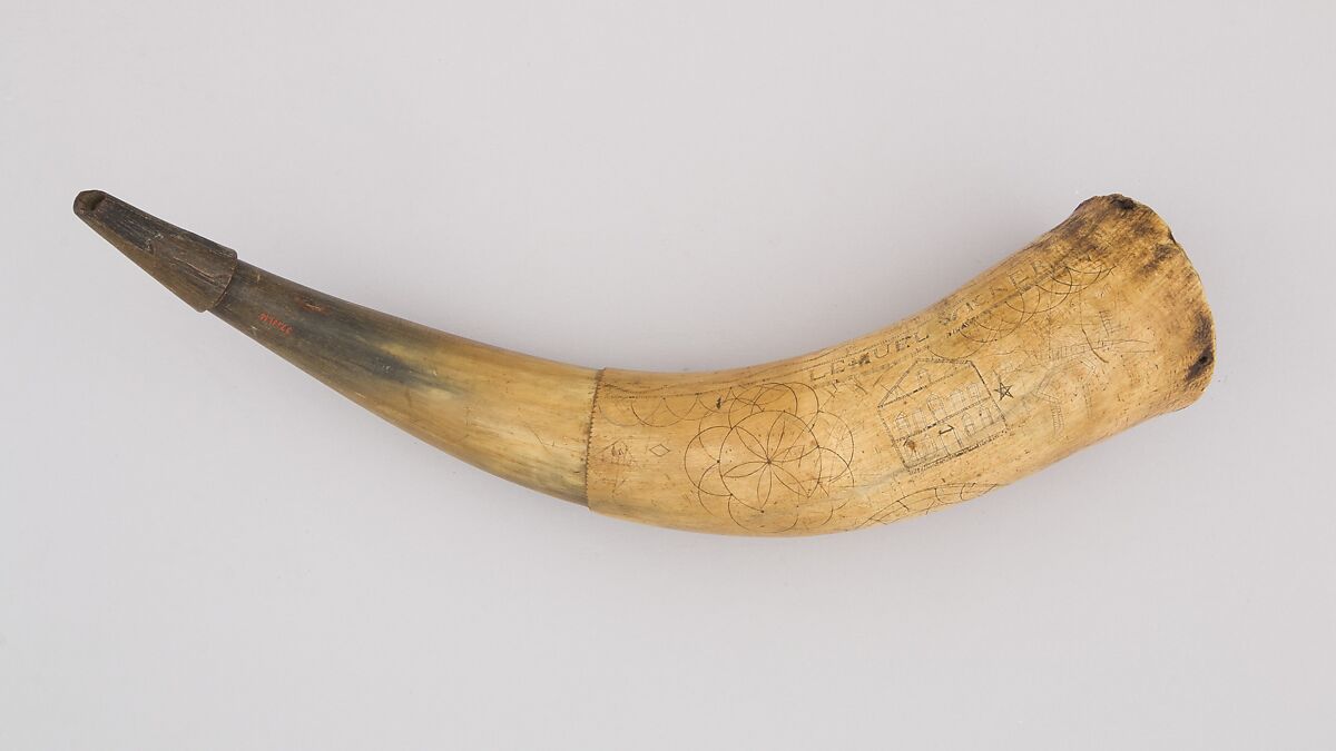 Powder Horn, Horn (cow), wood, iron, Colonial American 