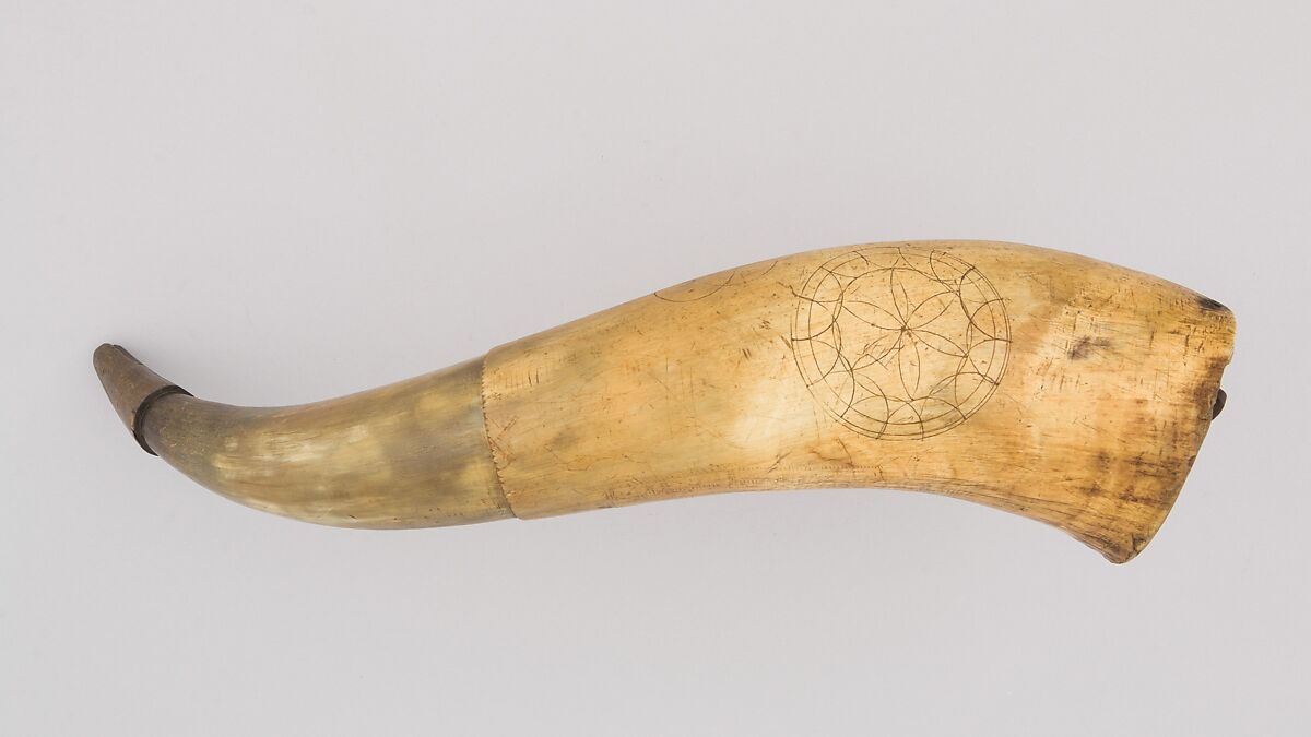 Powder Horn, Horn (cow), wood, iron, Colonial American