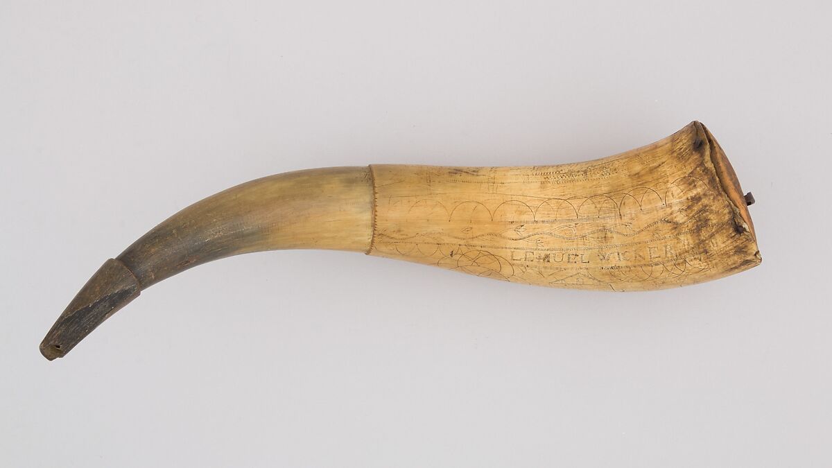 Powder Horn, Horn (cow), wood, iron, Colonial American