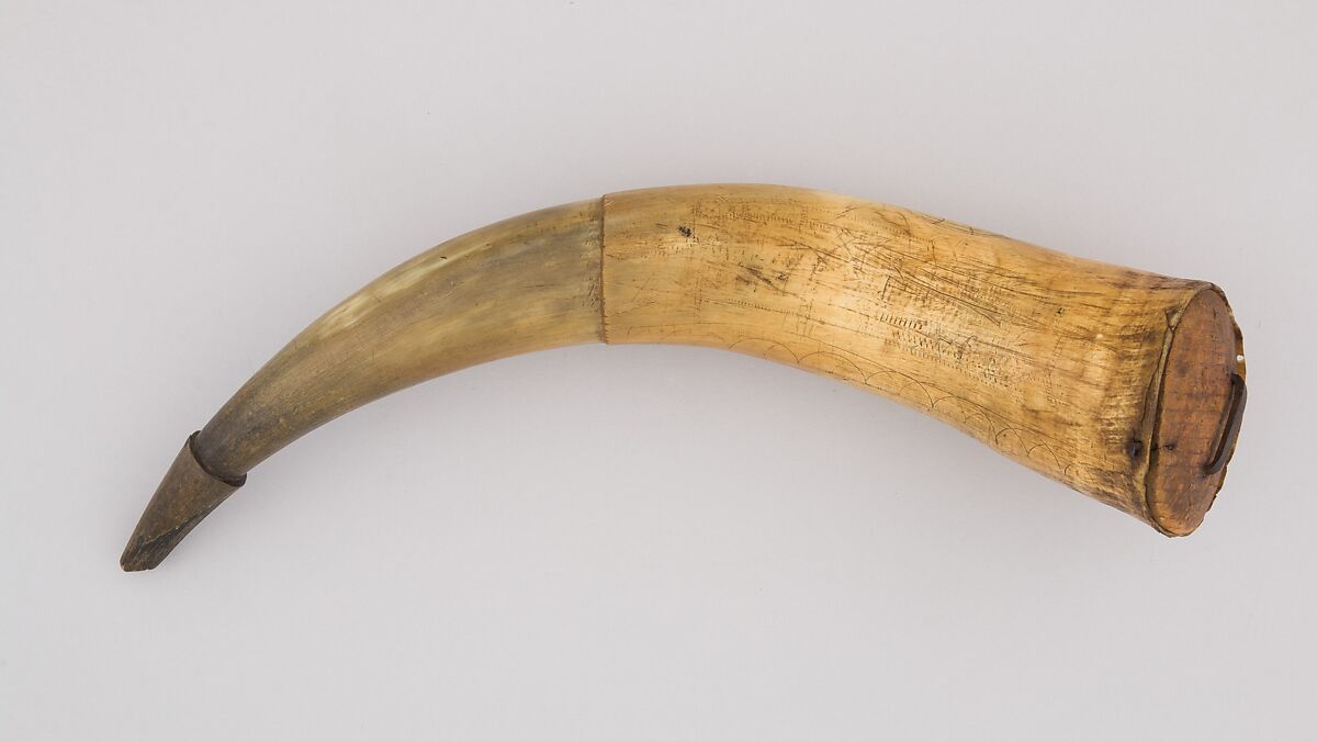Powder Horn, Horn (cow), wood, iron, Colonial American