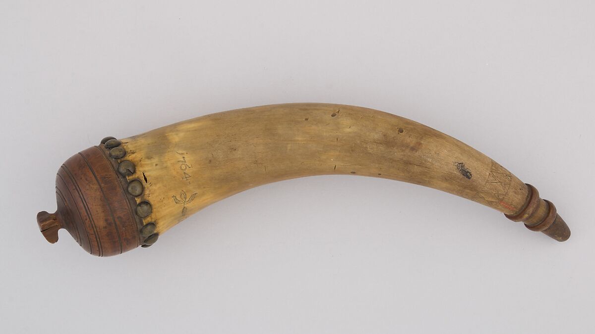 Powder Horn, Horn (cow), wood, brass, Colonial American