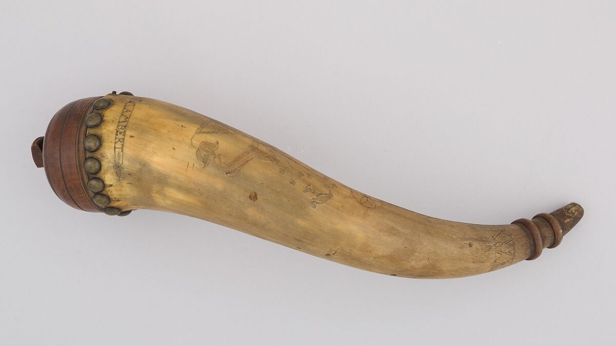 Powder Horn, Horn (cow), wood, brass, Colonial American