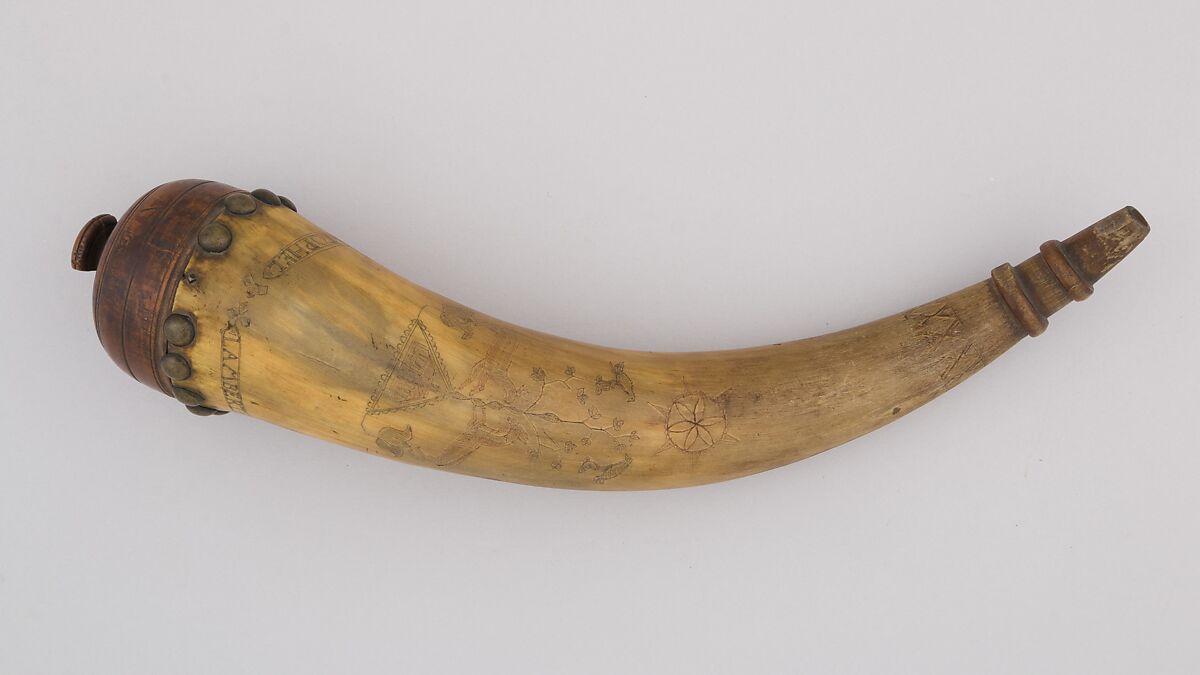 Powder Horn, Horn (cow), wood, brass, Colonial American 