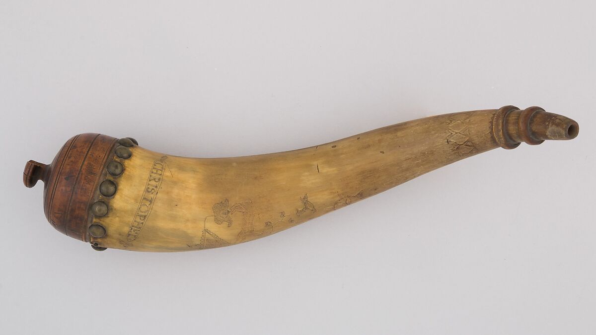 Powder Horn, Horn (cow), wood, brass, Colonial American