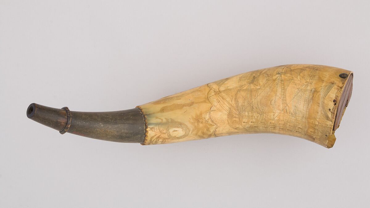 Powder Horn, Horn (cow), wood, American
