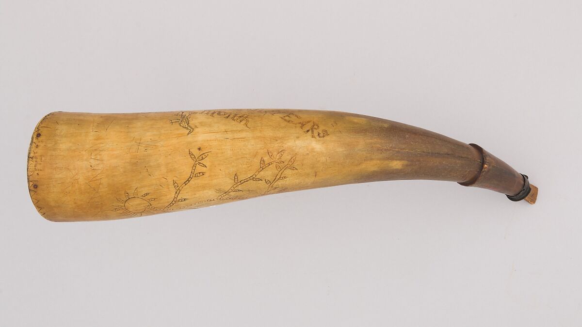 Powder Horn, Horn (cow), wood, brass, Colonial American