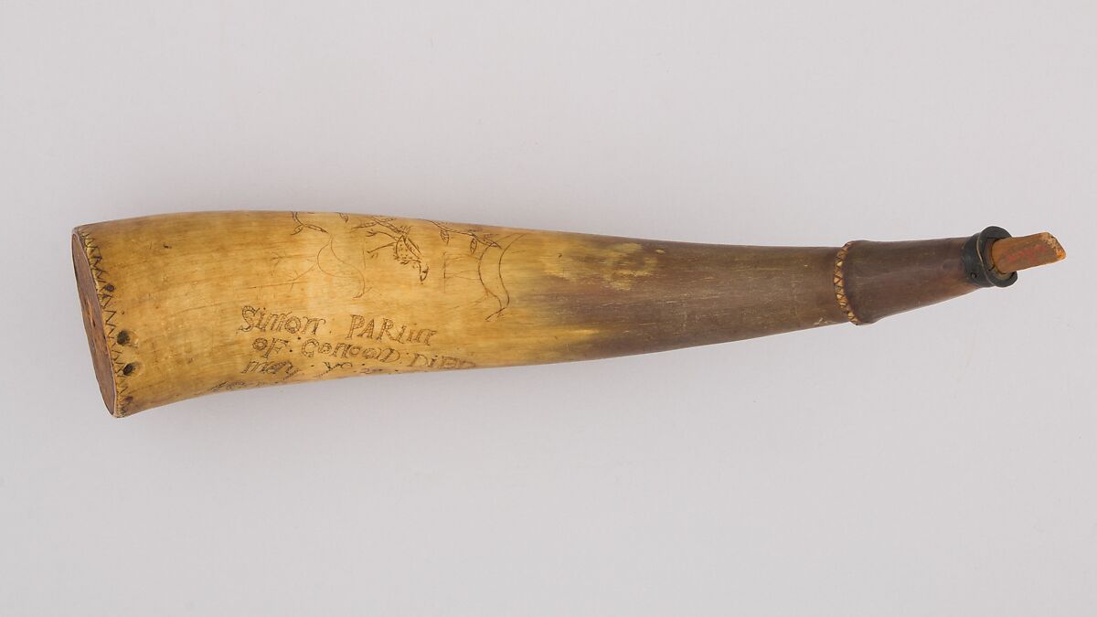 Powder Horn, Horn (cow), wood, brass, Colonial American