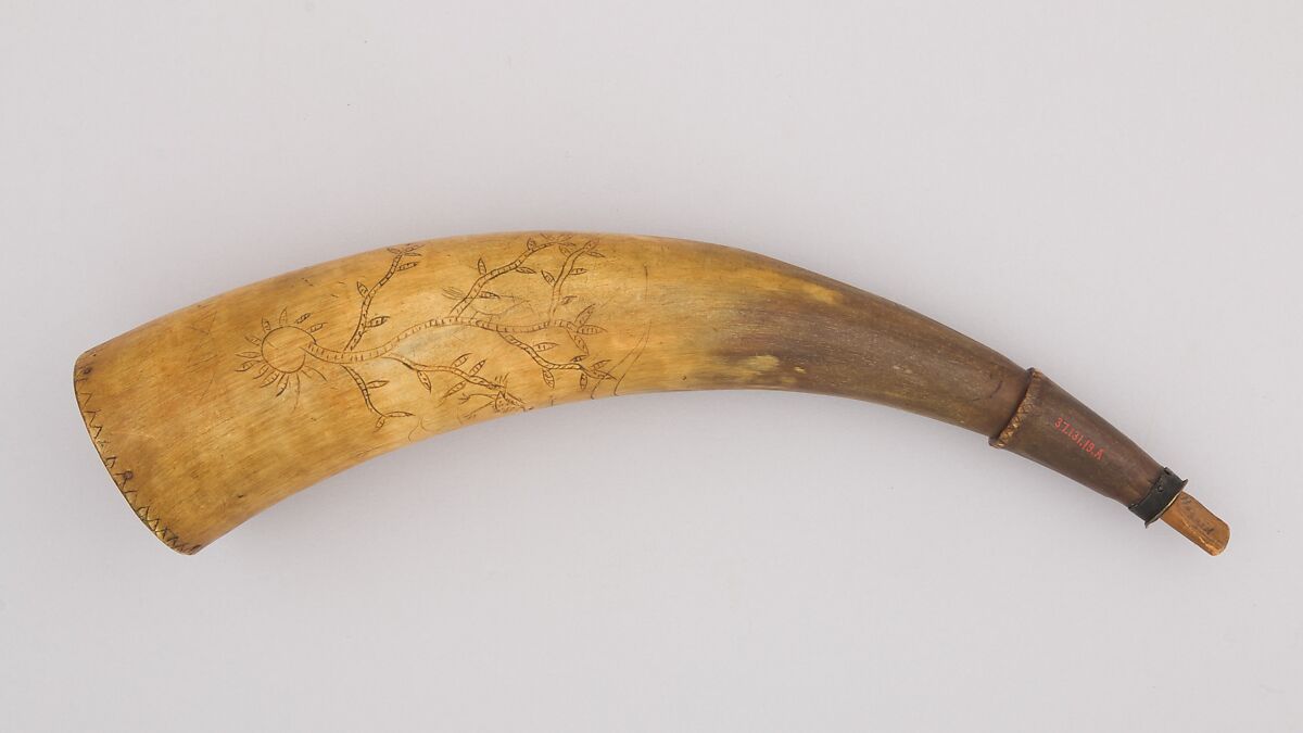 Powder Horn, Horn (cow), wood, brass, Colonial American