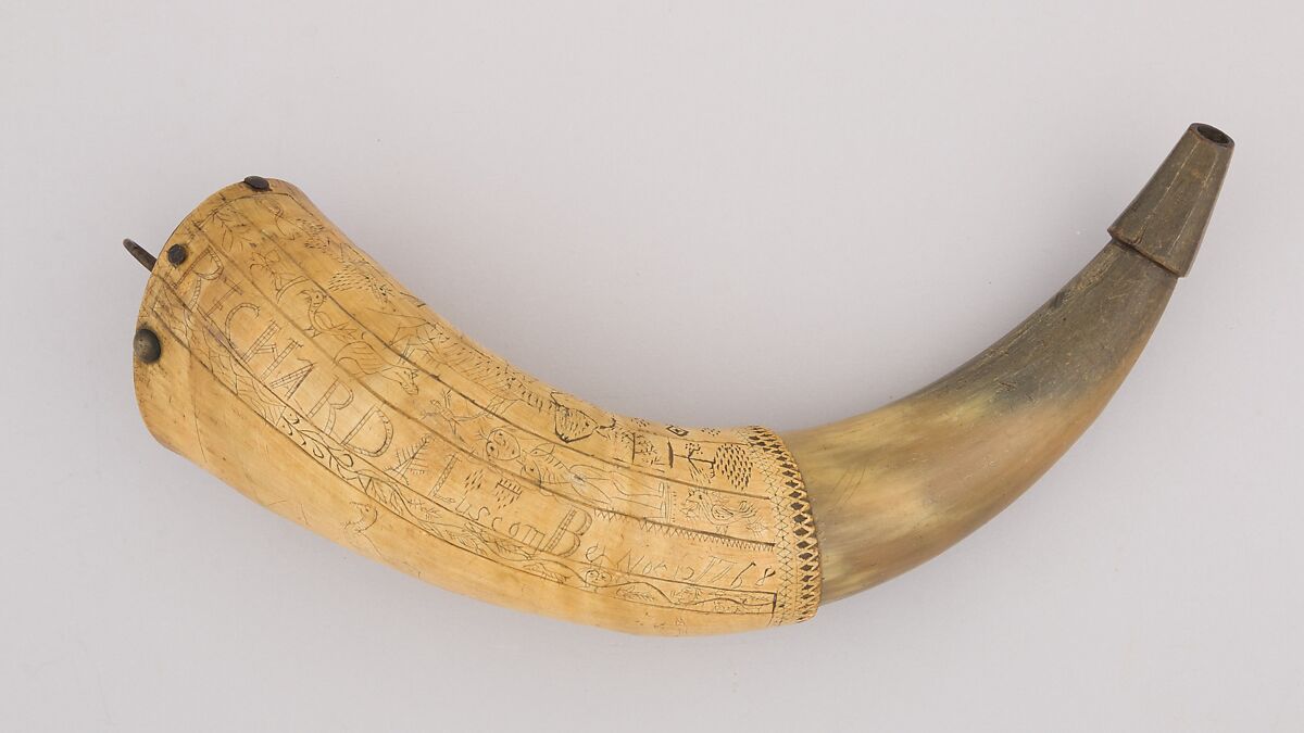 Powder Horn, Horn (cow), wood, brass, Colonial American 