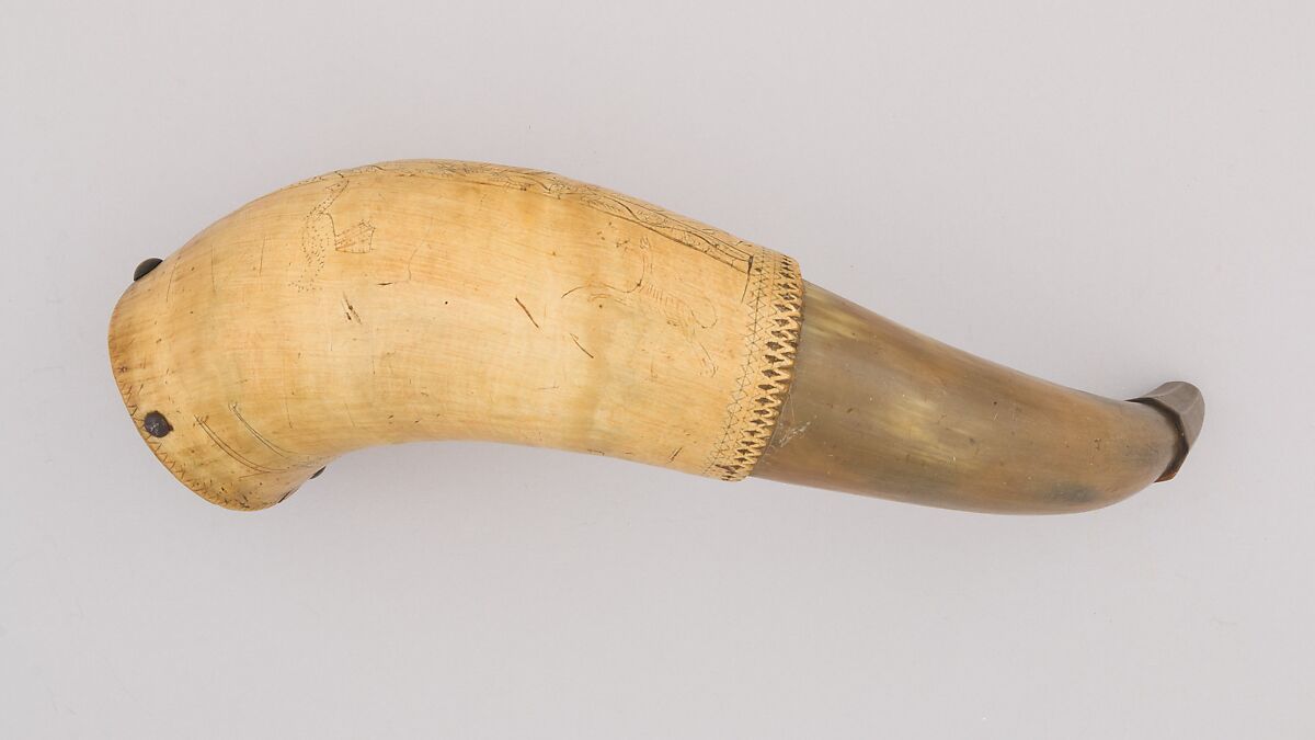 Powder Horn, Horn (cow), wood, brass, Colonial American