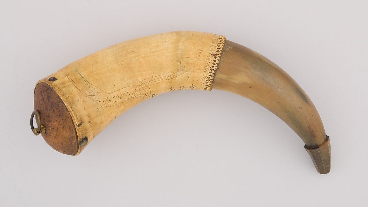 Powder Horn, Horn (cow), wood, brass, Colonial American