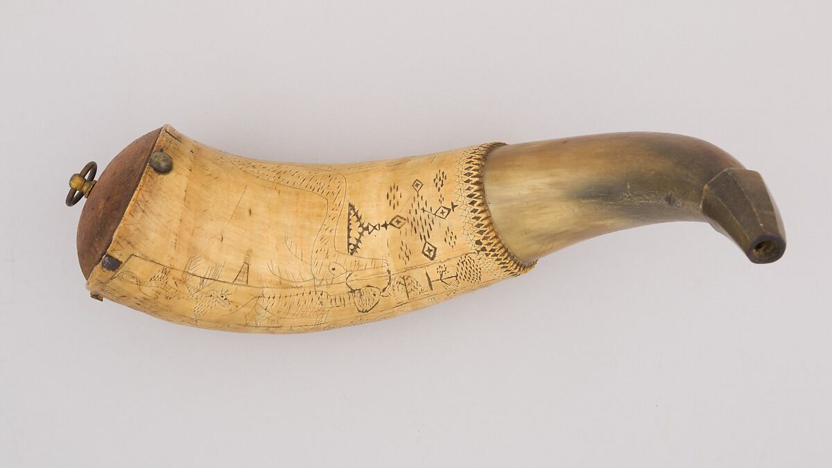 Powder Horn, Horn (cow), wood, brass, Colonial American