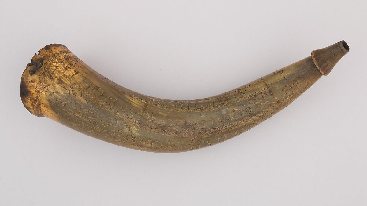 Powder Horn, Horn (cow), wood, Colonial American, Lunenberg, Massachussetts 