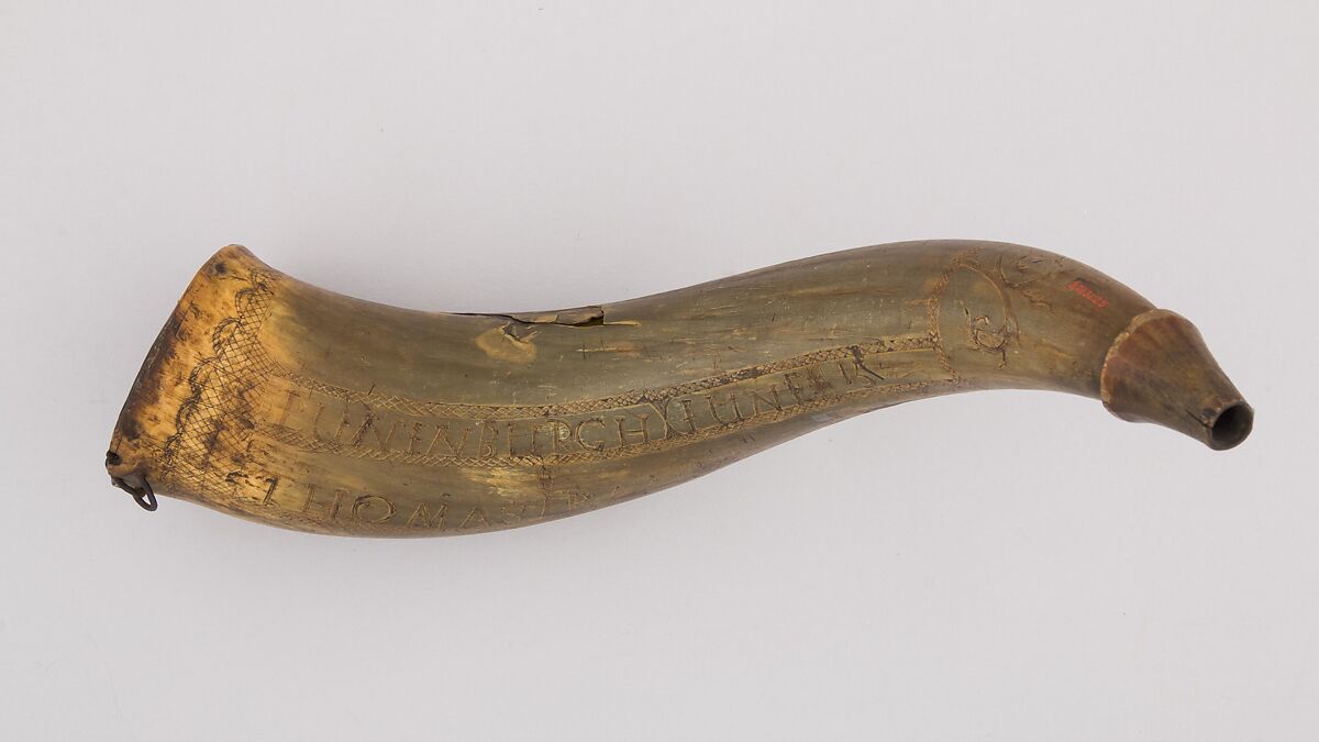 Powder Horn, Horn (cow), wood, Colonial American, Lunenberg, Massachussetts