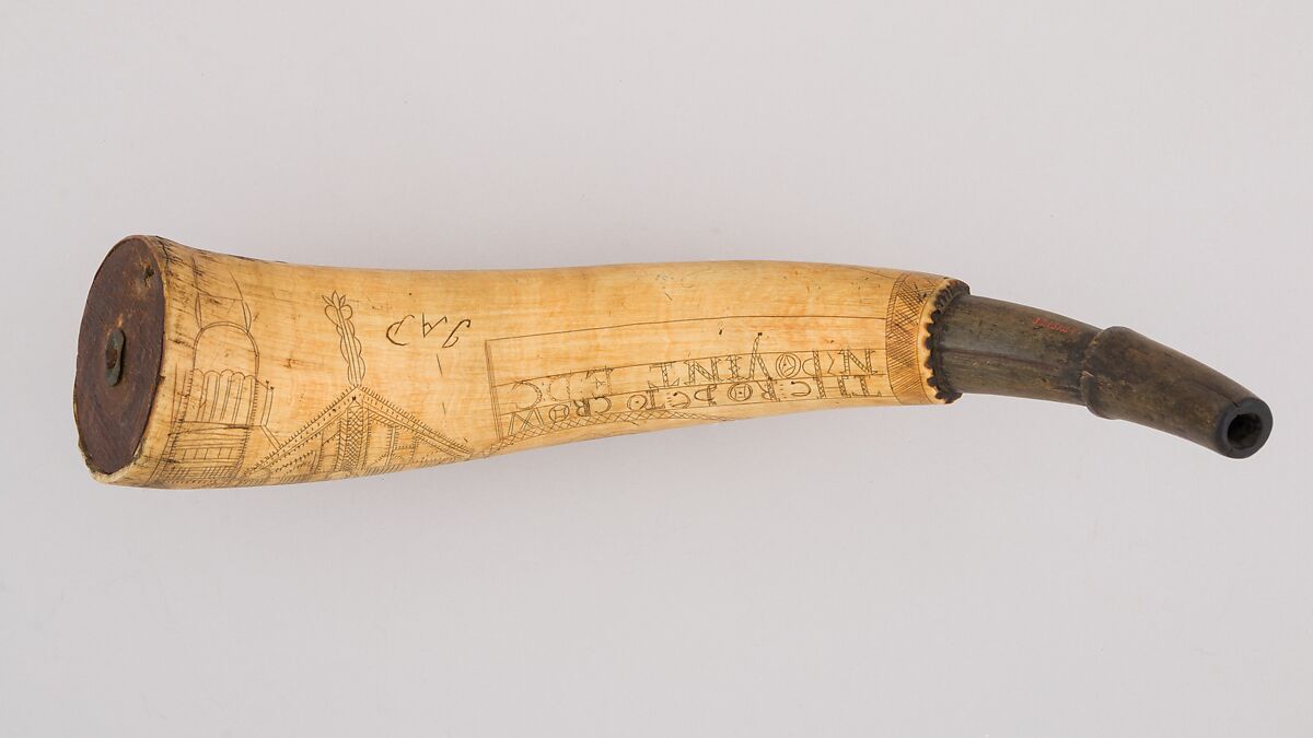 Powder Horn, Horn (cow), wood, brass, Colonial American