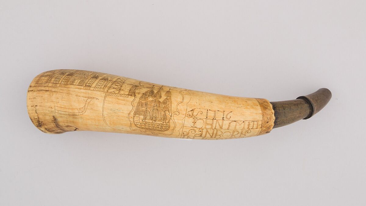 Powder Horn, Horn (cow), wood, brass, Colonial American