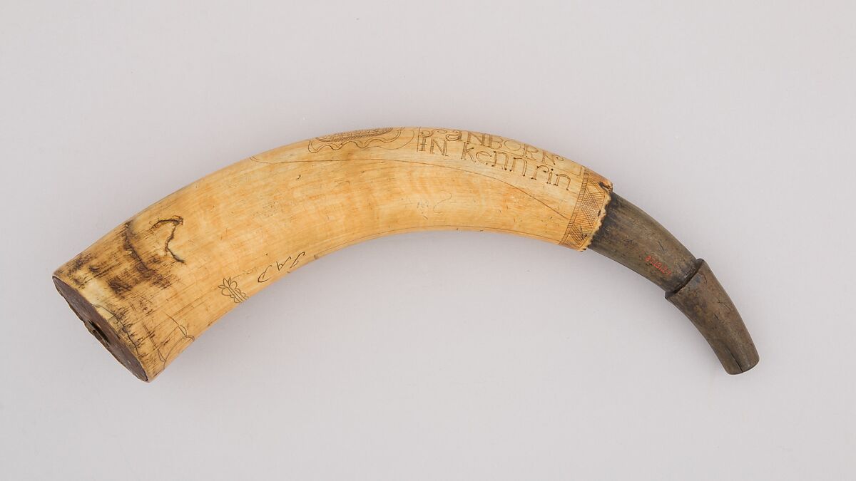 Powder Horn, Horn (cow), wood, brass, Colonial American