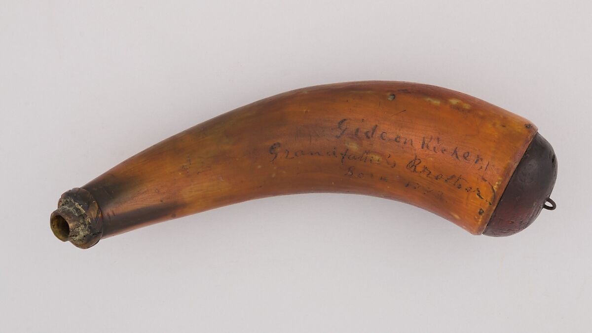 Powder Horn, Horn (cow), wood, ink, American