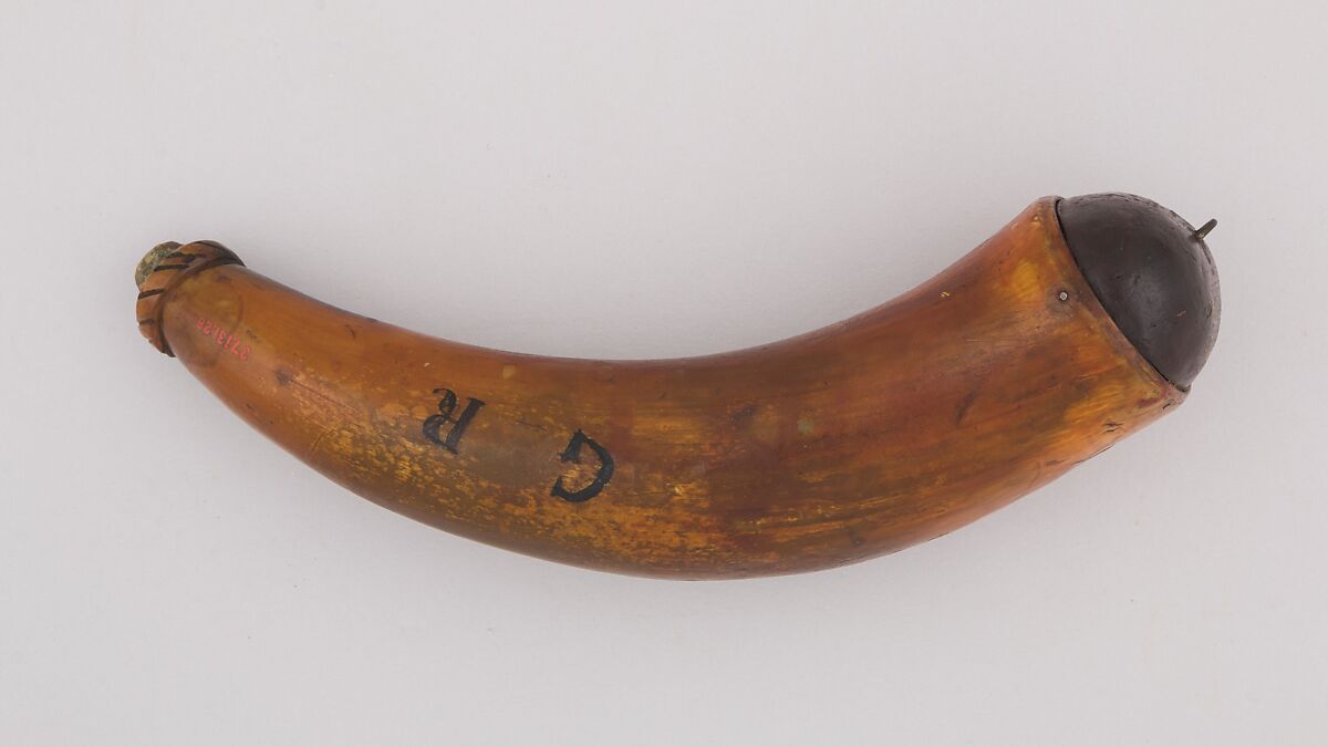 Powder Horn, Horn (cow), wood, ink, American 