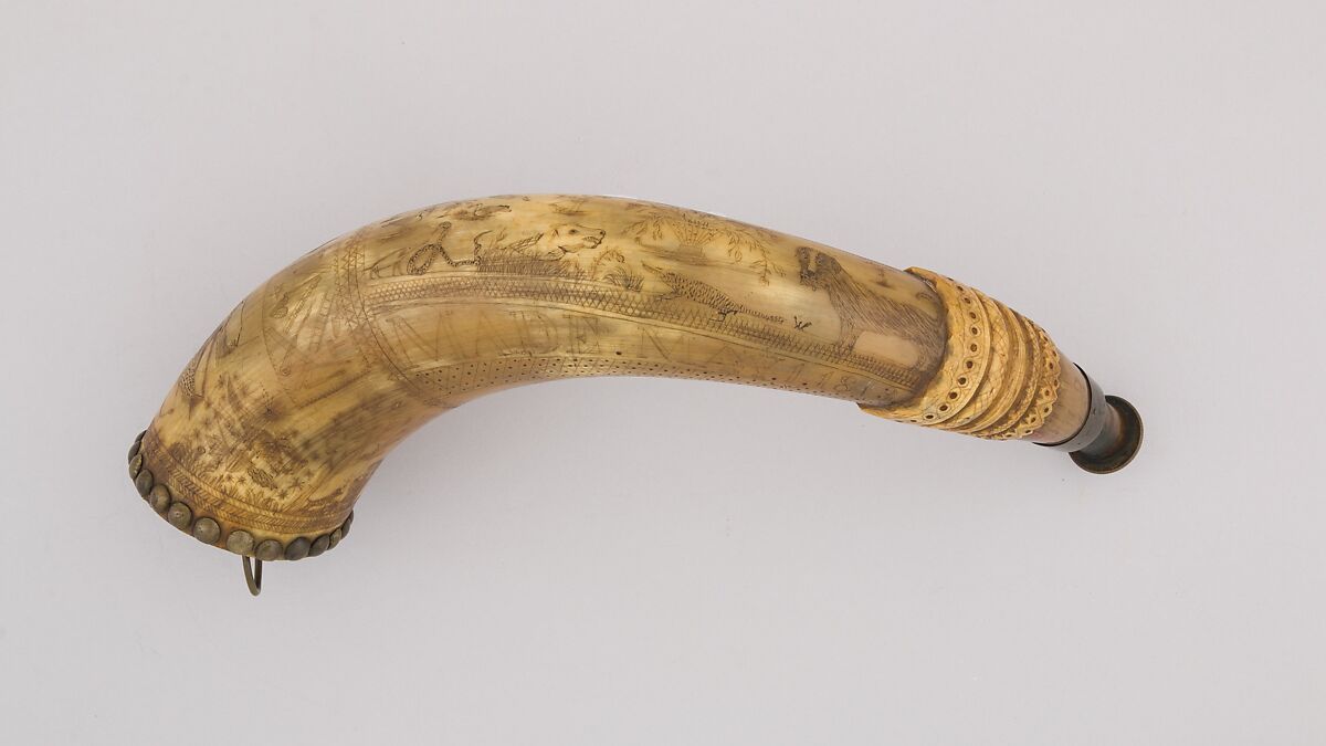 Powder Horn, Horn (cow), brass, wood, American, Aurelius, Cayuga County, New York