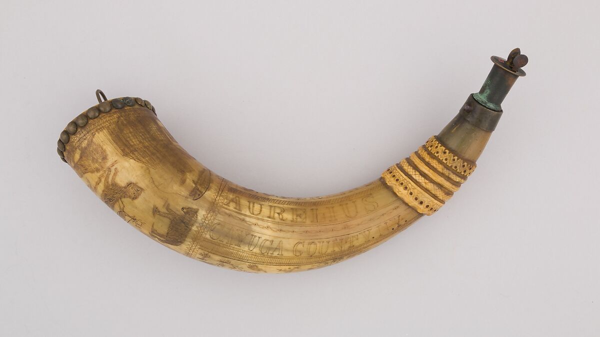 Powder Horn, Horn (cow), brass, wood, American, Aurelius, Cayuga County, New York 