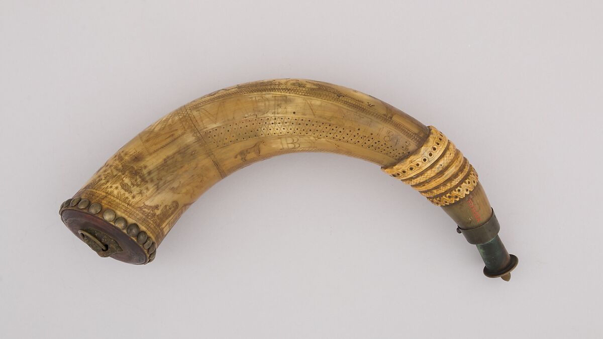 Powder Horn, Horn (cow), brass, wood, American, Aurelius, Cayuga County, New York