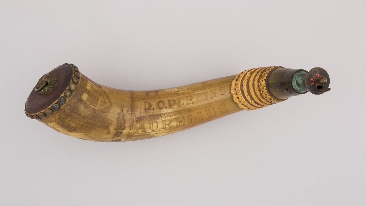 Powder Horn, Horn (cow), brass, wood, American, Aurelius, Cayuga County, New York