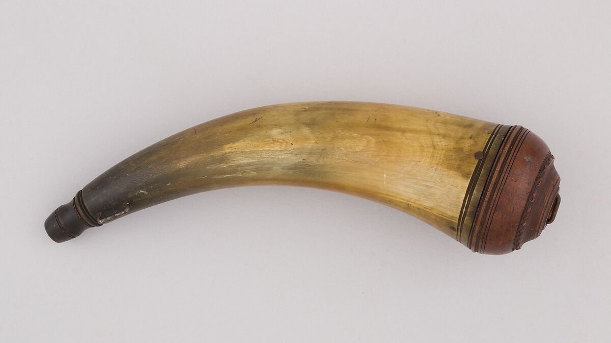Powder Horn, Horn (cow), wood, steel, American