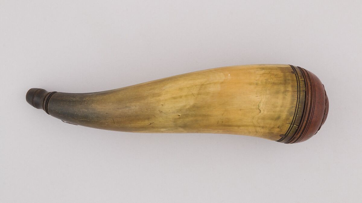 Powder Horn, Horn (cow), wood, steel, American