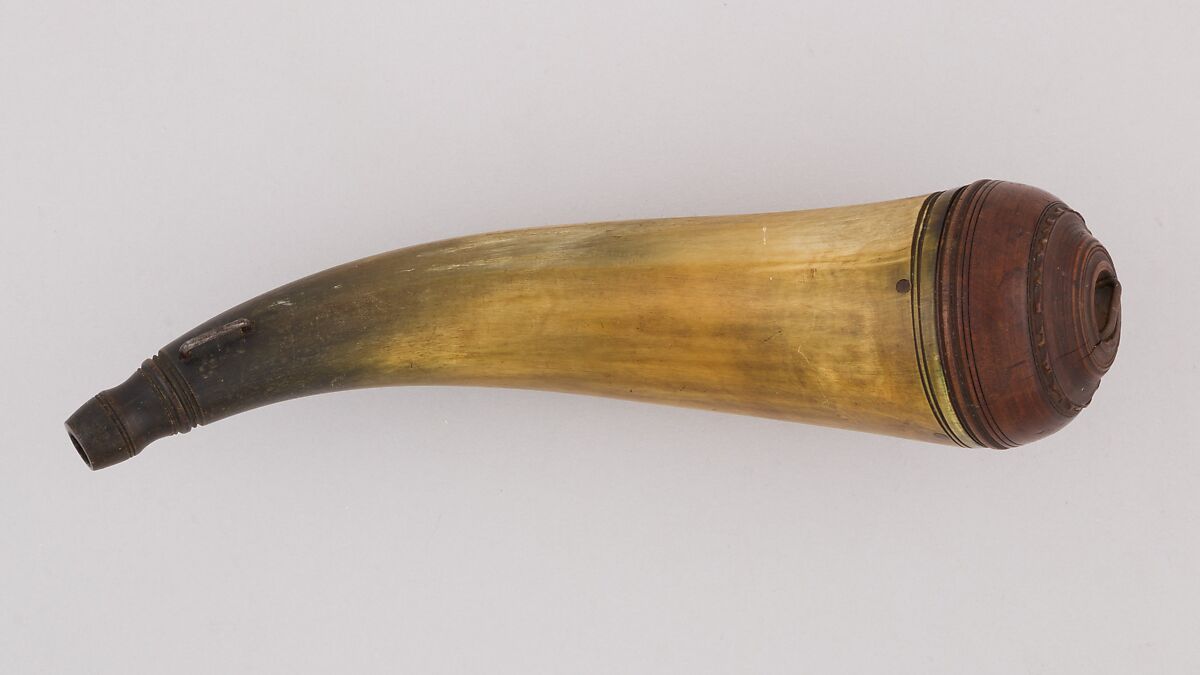 Powder Horn, Horn (cow), wood, steel, American 