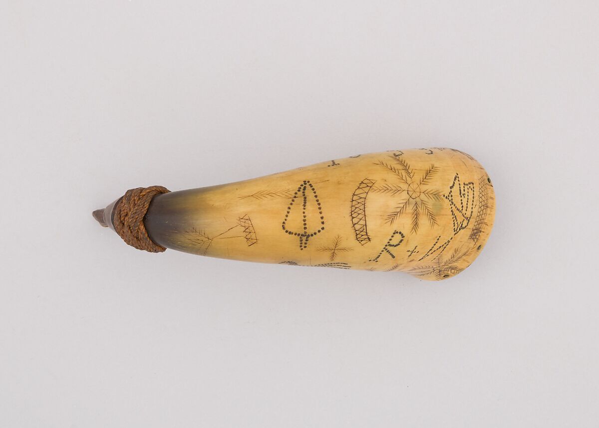 Powder Horn, Horn (cow), wood, cord, American