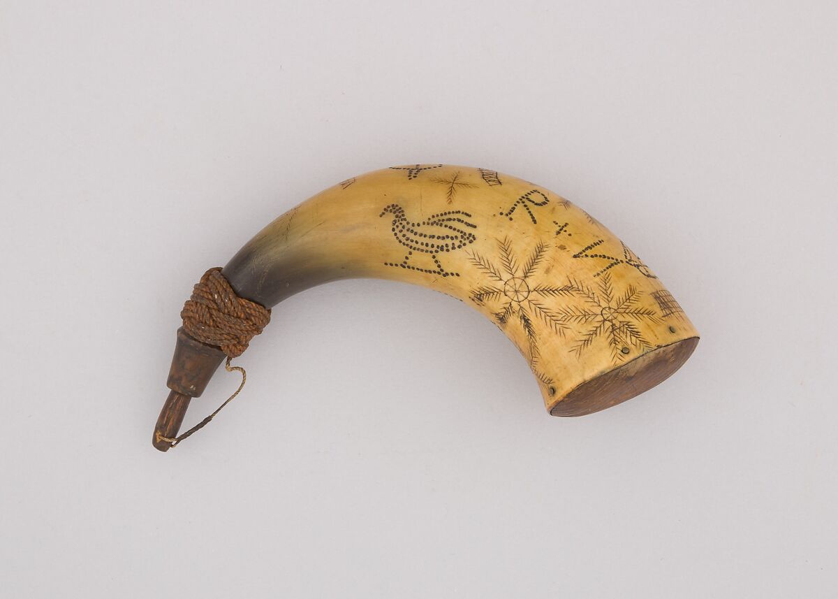 Powder Horn, Horn (cow), wood, cord, American