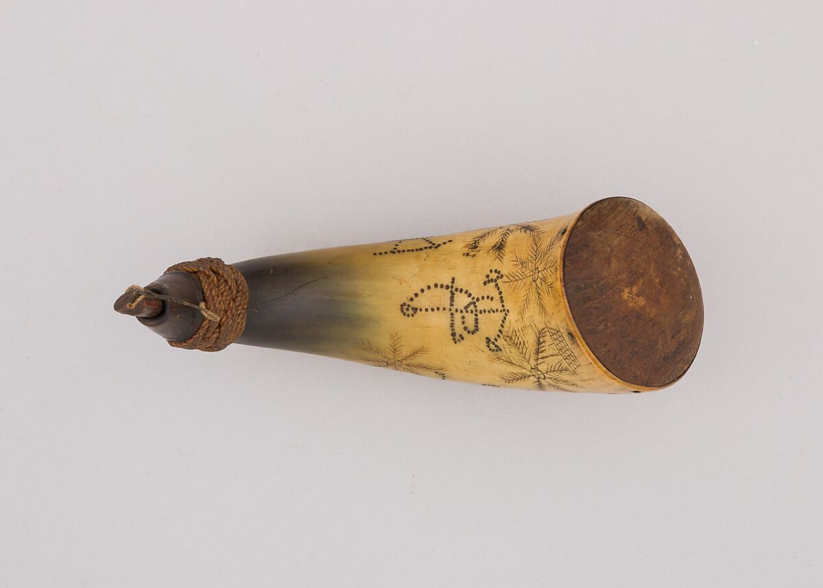 Powder Horn, Horn (cow), wood, cord, American