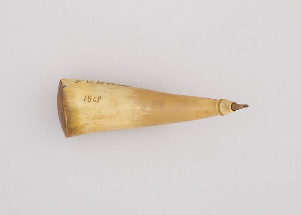 Powder Horn, F. M. Hazard, Horn (cow), wood, American