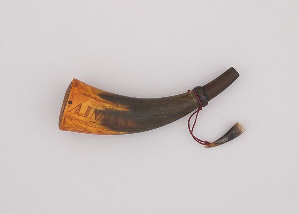 Powder Horn, A. Inman, Horn (cow), wood, cord, American 