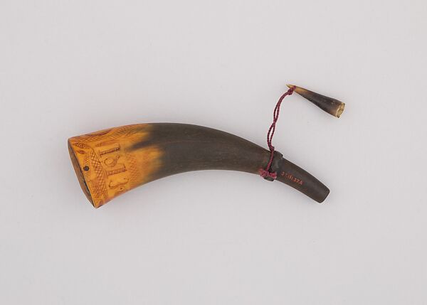 Powder Horn, A. Inman, Horn (cow), wood, cord, American