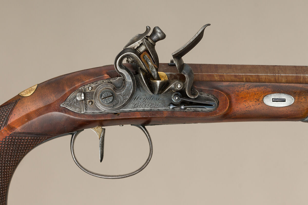 Flintlock Target Pistol of Prince William Frederick, Second Duke of Gloucester and Edinburgh (1776–1834), with Case and Accessories, Wogdon &amp; Barton (British, London 1795–1803), Pistol: wood (walnut), steel, gold, brass, horn; ramrod: wood (walnut), brass, steel; case: wood (mahogany), velvet, brass; powder flask: brass, steel, leather; bullet mold: steel; screwdriver: wood (walnut), brass, steel; cleaning rod: wood (walnut), brass, steel; bottle: glass, British, London