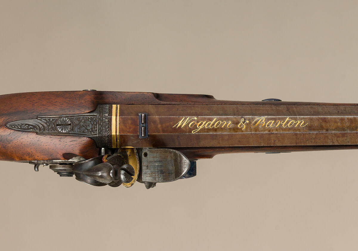 Flintlock Target Pistol of Prince William Frederick, Second Duke of Gloucester and Edinburgh (1776–1834), with Case and Accessories, Wogdon &amp; Barton (British, London 1795–1803), Pistol: wood (walnut), steel, gold, brass, horn; ramrod: wood (walnut), brass, steel; case: wood (mahogany), velvet, brass; powder flask: brass, steel, leather; bullet mold: steel; screwdriver: wood (walnut), brass, steel; cleaning rod: wood (walnut), brass, steel; bottle: glass, British, London